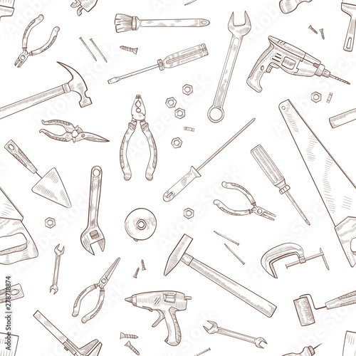 Monochrome seamless pattern with manual and powered tools for woodworking hand drawn with contour lines on white background. Backdrop with equipment for home repair. Realistic vector illustration.