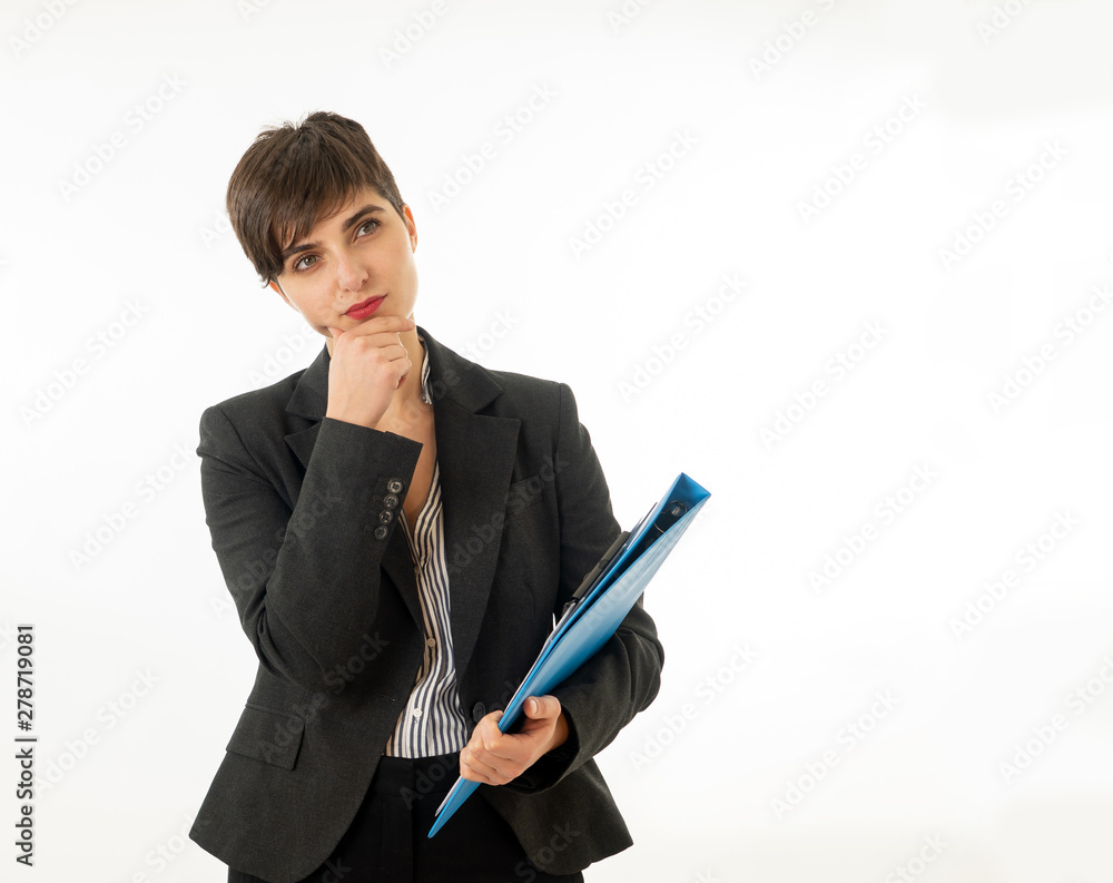 Half length body portrait of happy and creative businesswoman thinking in new ideas Half length body portrait of happy and creative businesswoman thinking in new ideas