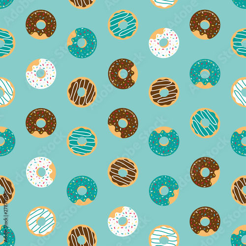Blue seamless pattern with glazed donuts