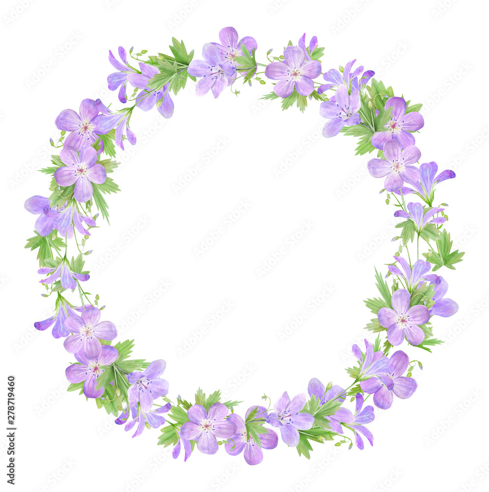 Watercolor wreath of lilac geranium flowers isolated on white background. Perfect for web design, cosmetics design, package, textile Watercolor wreath of lilac geranium flowers isolated on white background. Perfect for web design, cosmetics design, package, textile