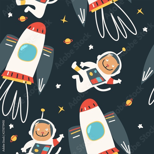 Vector cartoon seamless pattern. Space and cat. Funny background for kids goods - textiles and wrapping paper.