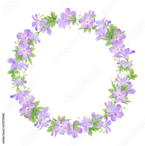 Watercolor wreath of lilac geranium flowers isolated on white background. Perfect for web design, cosmetics design, package, textile © NataliaArkusha