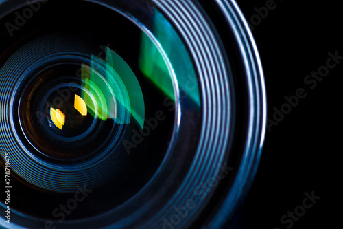 Close Up of a Photographic Lens on Black Background.