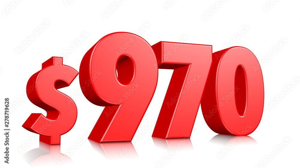 970$ Nine hundred and seventy price symbol. red text number 3d render with dollar sign on white background 970$ Nine hundred and seventy price symbol. red text number 3d render with dollar sign on white background