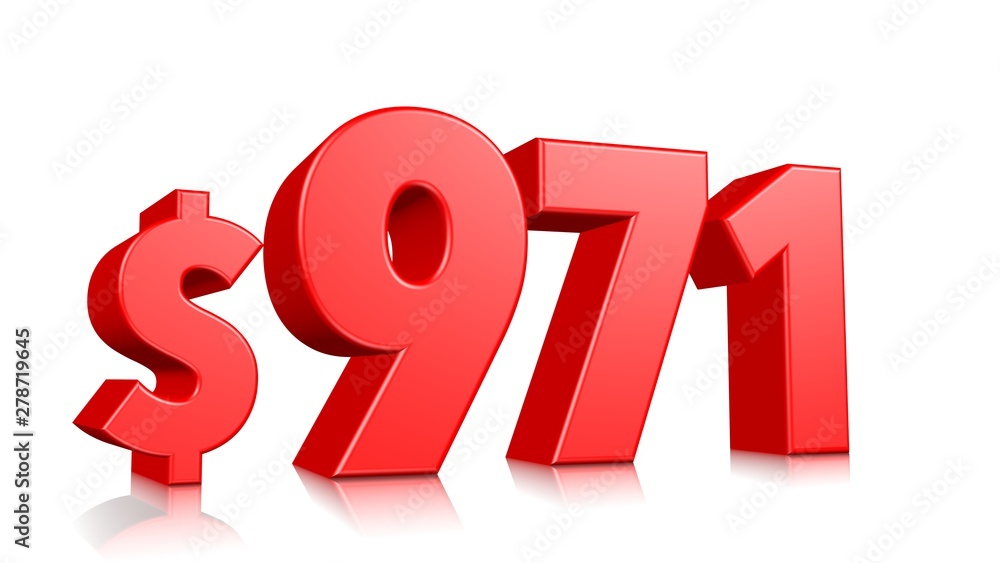971$ Nine hundred and seventy one price symbol. red text number 3d render with dollar sign on white background 971$ Nine hundred and seventy one price symbol. red text number 3d render with dollar sign on white background
