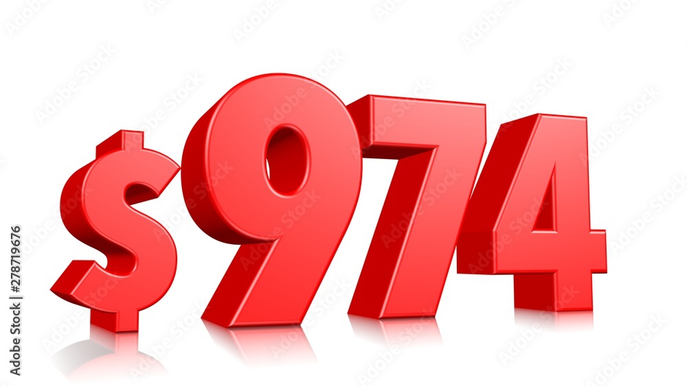 974$ Nine hundred and seventy four price symbol. red text number 3d render with dollar sign on white background 974$ Nine hundred and seventy four price symbol. red text number 3d render with dollar sign on white background