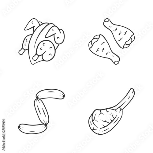Butchers meat linear icons set. Chicken carcase and drumsticks, tomahawk steak, sausages, pork rib. Protein sources. Thin line contour symbols. Isolated vector outline illustrations. Editable stroke