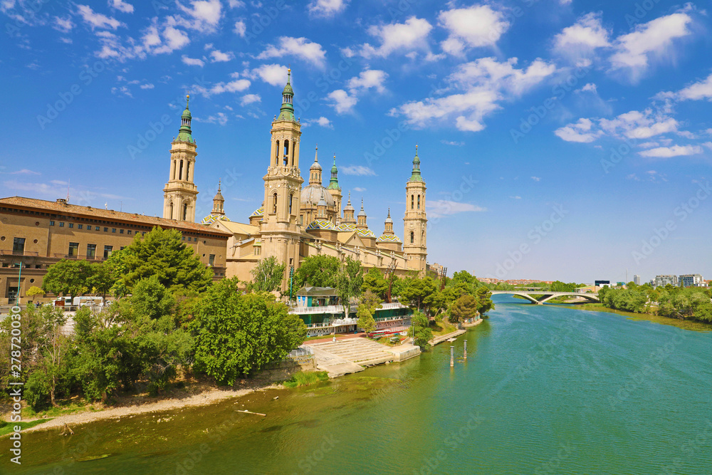 Basilica Cathedral of Our Lady of Pillar and Ebro River in Zaragoza, Spain