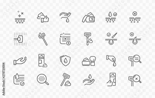 Shave line icon set isolated on transparent background. Care skin, shaving tools, foam, face cream sale signs. Vector outline stroke symbols.