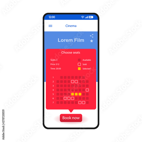Movie seats booking smartphone interface vector template. Mobile app page design layout. Cinema, concert tickets purchase