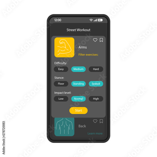 Street workout smartphone interface vector template. Mobile fitness app page black design layout. Sports training program screen. Personal trainer application UI. Exercises app. Phone display