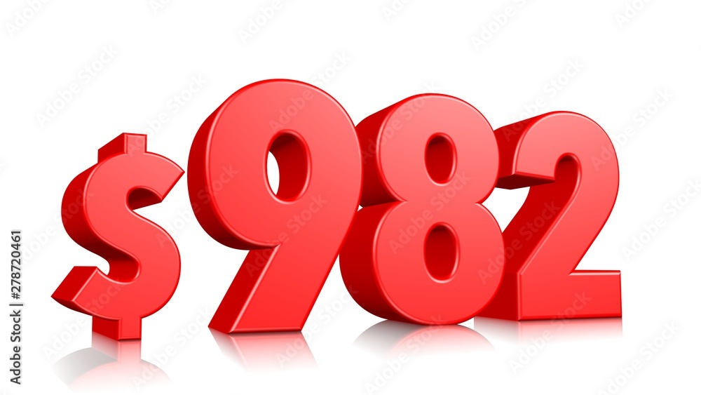 982$ Nine hundred and eighty two price symbol. red text number 3d render with dollar sign on white background 982$ Nine hundred and eighty two price symbol. red text number 3d render with dollar sign on white background