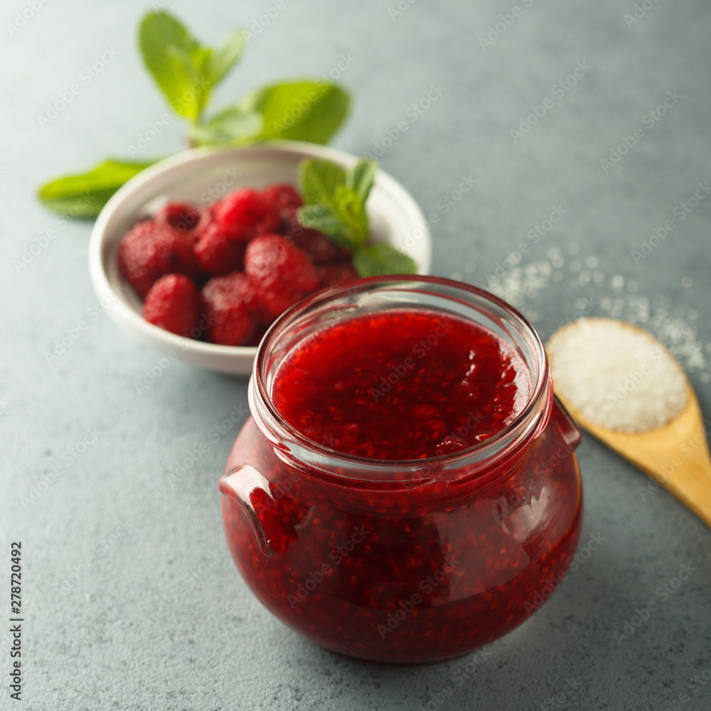 Homemade raspberry jam with fresh mint Homemade raspberry jam with fresh mint
