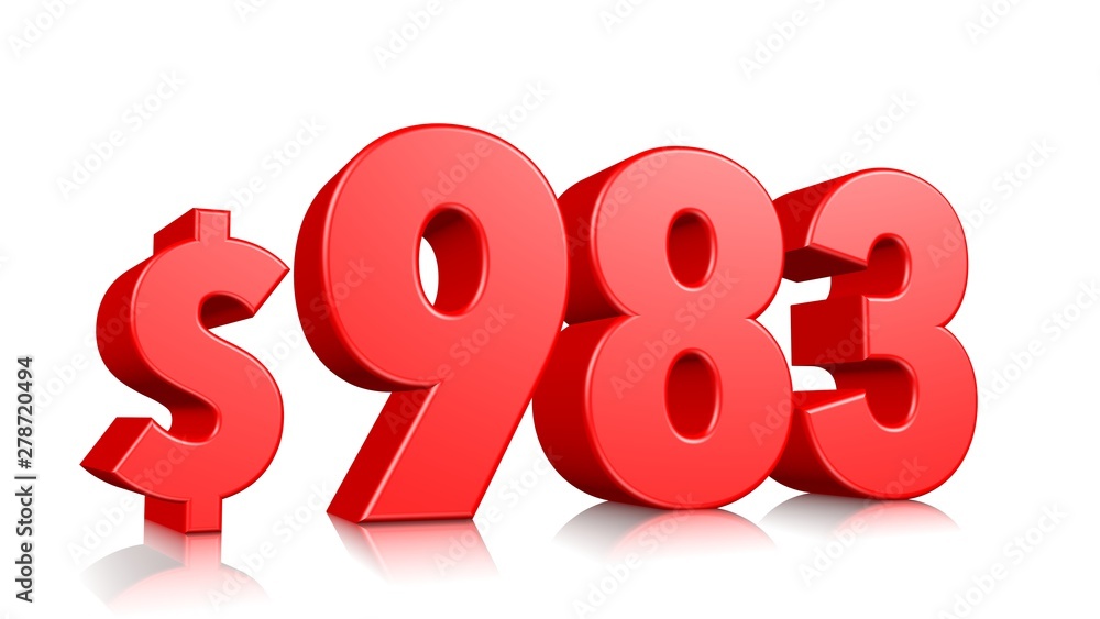 983$ Nine hundred and eighty three price symbol. red text number 3d render with dollar sign on white background 983$ Nine hundred and eighty three price symbol. red text number 3d render with dollar sign on white background