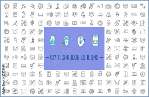 Technologies linear icons big set. Artificial intelligence, robots. NFC, internet banking, online payments services. Thin line contour symbols. Isolated vector outline illustrations. Editable stroke