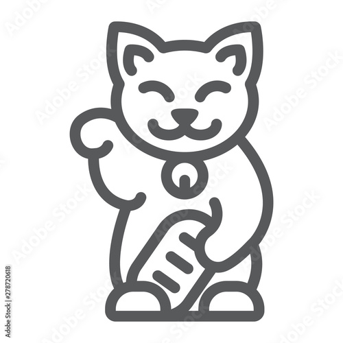 Maneki neko line icon, asian and animal, japanese cat sign, vector graphics, a linear pattern on a white background.