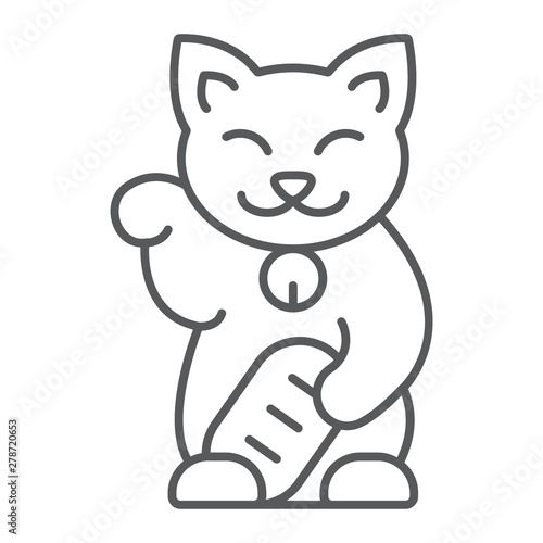 Maneki neko thin line icon, asian and animal, japanese cat sign, vector graphics, a linear pattern on a white background.