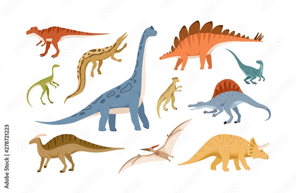 Collection of dinosaurs and pterosaurs of various types isolated on white background. Bundle of prehistoric animals, giant reptiles from Jurassic period. Flat cartoon colorful vector illustration.