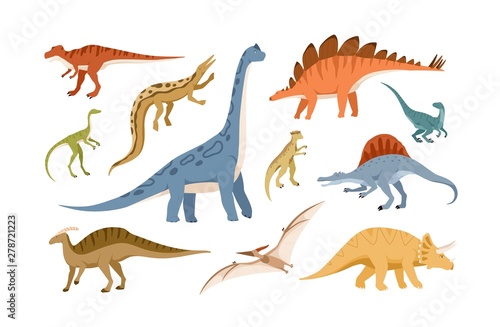 Fototapeta Naklejka Na Ścianę i Meble -  Collection of dinosaurs and pterosaurs of various types isolated on white background. Bundle of prehistoric animals, giant reptiles from Jurassic period. Flat cartoon colorful vector illustration.