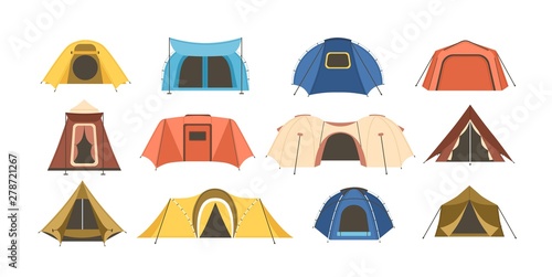 Collection of touristic and military tents of various types isolated on white background. Set of shelters for hiking, mountaineering, adventure travel, recreation. Flat cartoon vector illustration.
