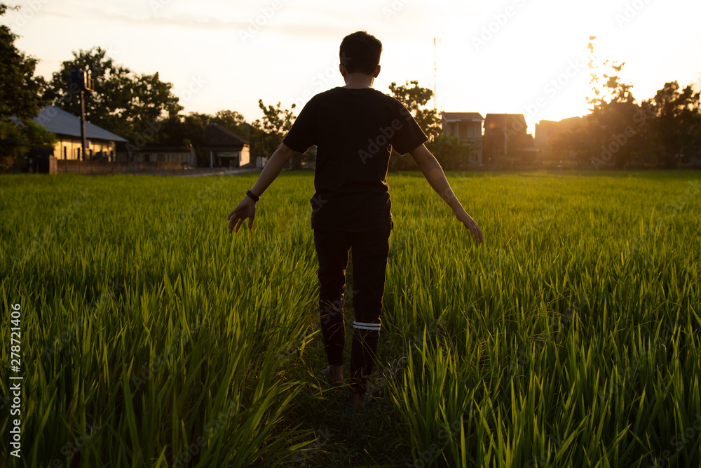 Asian Man Stretches in the Rice Fields at the Sunset Asian Man Stretches in the Rice Fields at the Sunset