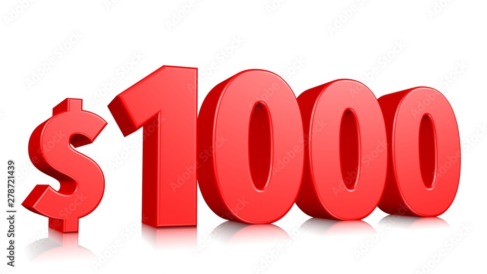 1000$ price symbol. red text number 3d render with dollar sign on white background 1000$ price symbol. red text number 3d render with dollar sign on white background