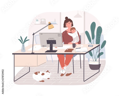 Cute happy mother holding her infant baby, sitting at desk and working on computer at home. Female freelance worker with child at workplace. Maternity and career. Flat cartoon vector illustration.