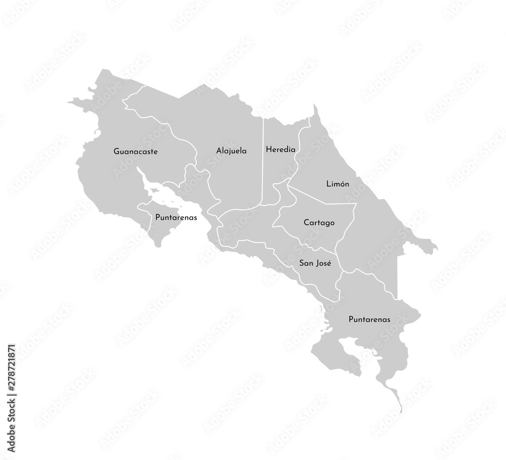 Vector isolated illustration of simplified administrative map of Costa Rica. Borders and names of the provinces (regions). Grey silhouettes. White outline