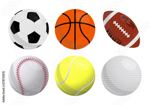 Colorful vector set of sport balls icons: basketball, football, american football, baseball, tennis, golf. Flat style. Eps 10 © Nat