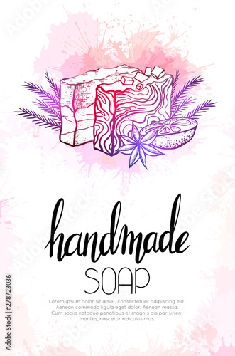 Vertical banner with neon illustration of handmade soaps with orange, juniper twigs, star anise and lettering on watercolor splash. Vector hand drawn drawing for cards, recipes and your creativity.