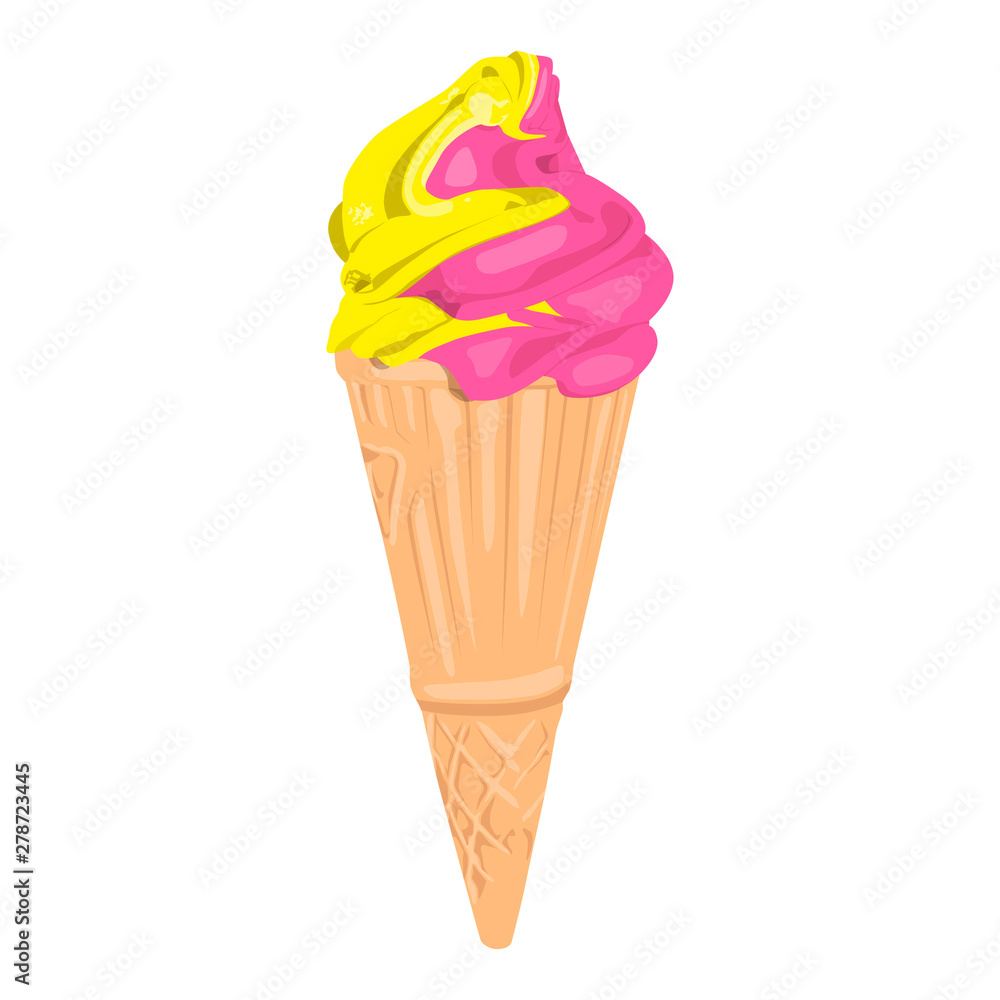 ice cream in the waffle cone with banana and raspberry. isolated on white background. print for T-shirt or tattoo ice cream in the waffle cone with banana and raspberry. isolated on white background. print for T-shirt or tattoo
