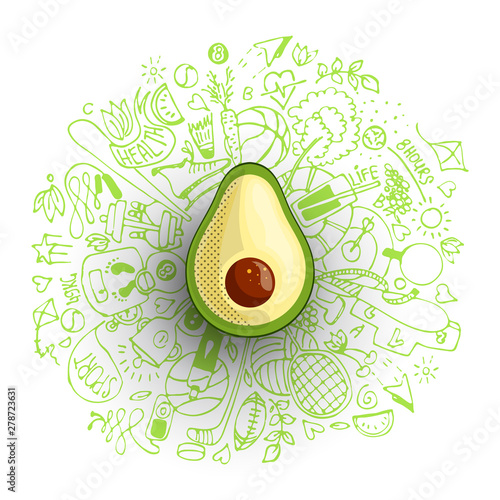 Healthy lifestyle concept with sport and healthy diet doodles and icons - sport, food, happy and normal sleep icons around fresh, juicy avocado on white background. Healty diet and sport concept