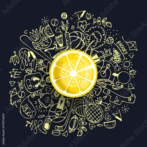 Healthy lifestyle concept with sport and healthy diet doodles and icons - sport, food, happy and normal sleep icons around fresh, juicy lemon on white background. Healty diet and sport concept