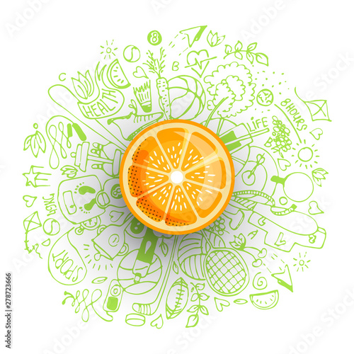 Healthy lifestyle concept with sport and healthy diet doodles and icons - sport, food, happy and normal sleep icons around fresh, juicy orange on white background. Healty diet and sport concept