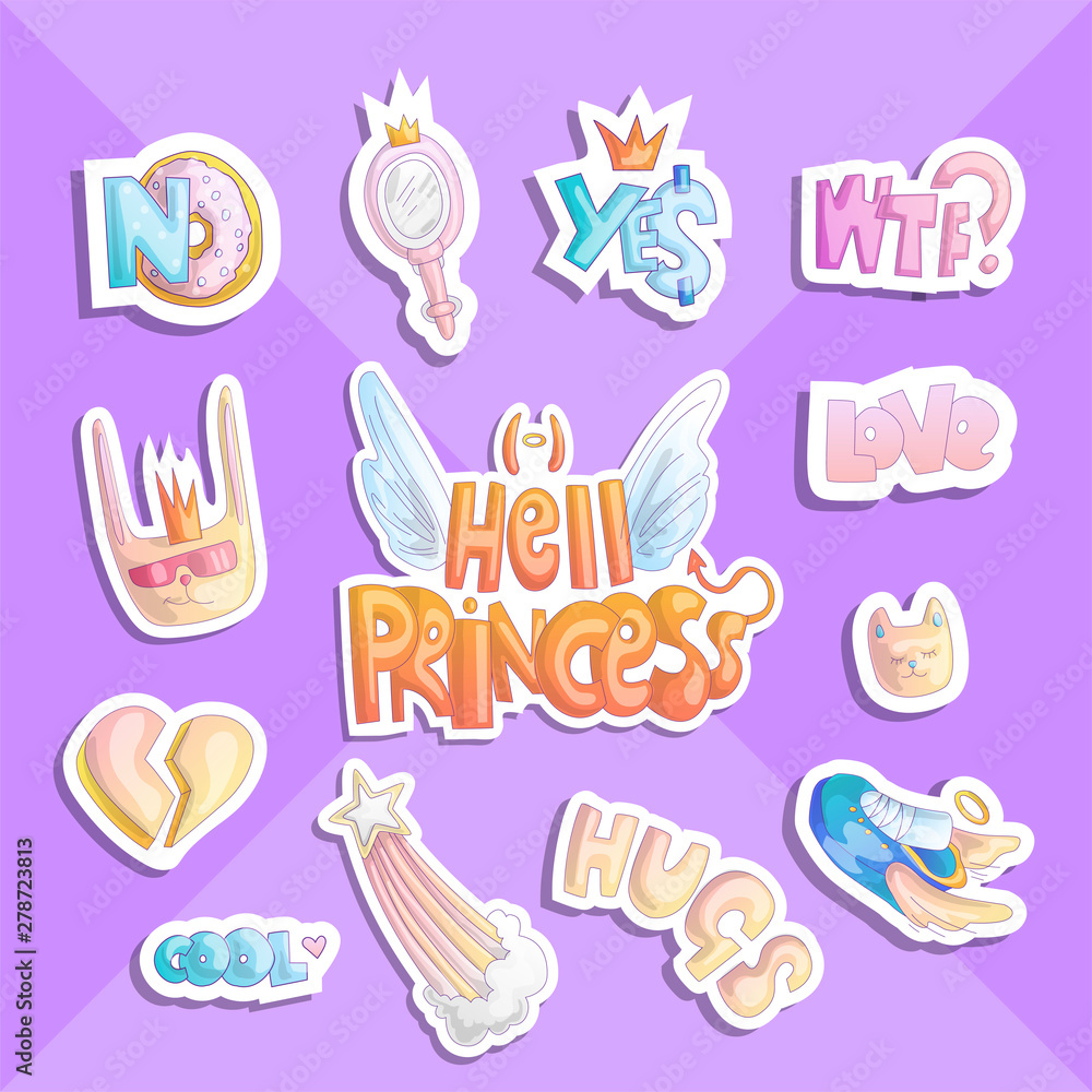 Hell princess sticker collection. Set of vector cute princess stickers and icons - star, donut, sneakers, cat, heart and other objects on princess little girl theme.