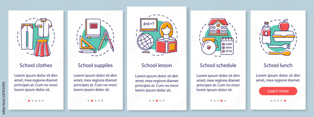 Education onboarding mobile app page screen with linear concepts. Knowledge gaining, school learning walkthrough steps graphic instructions. UX, UI, GUI vector template with illustrations