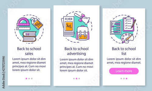 Back to school onboarding mobile app page screen with linear concepts. Return to studying walkthrough steps graphic instructions. UX, UI, GUI vector template with illustrations. Education advertising