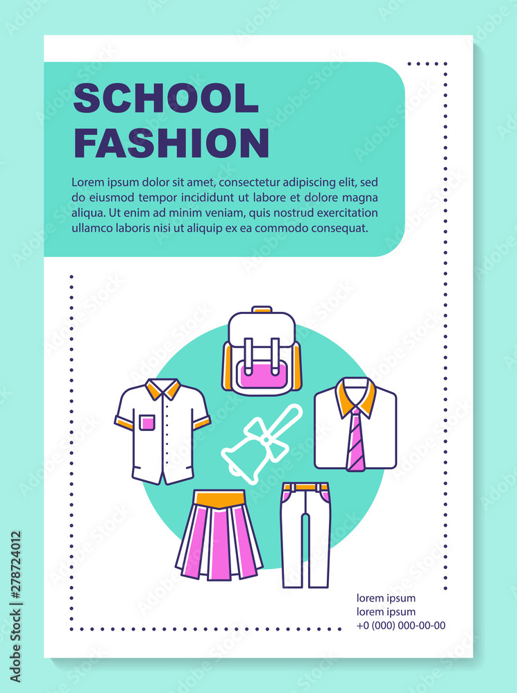 College fashion brochure template layout. School uniform. Flyer, booklet, leaflet print design with linear illustrations. Vector page layouts for magazines, annual reports, advertising posters
