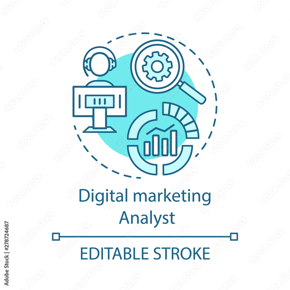 Digital marketing analyst turquoise concept icon. Web analytics specialty idea thin line illustration. Online statistics analysis. Products promotion. Vector isolated outline drawing. Editable stroke Digital marketing analyst turquoise concept icon. Web analytics specialty idea thin line illustration. Online statistics analysis. Products promotion. Vector isolated outline drawing. Editable stroke