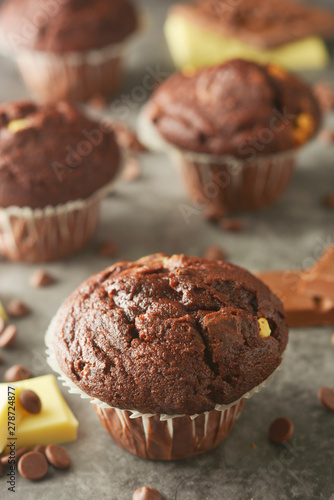 Chocolate muffins with chocolate chips isolated.