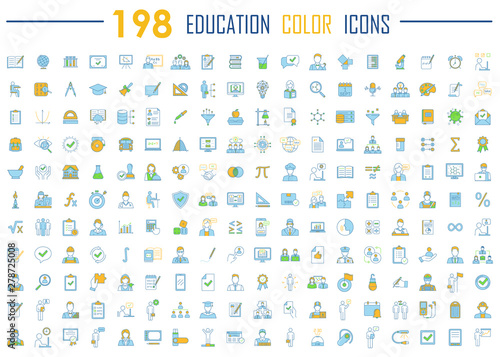 Education color icons big set. School, university, home learning, self study, business education. Educational program, students graduation. E learning, online courses. Isolated vector illustrations