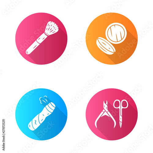 Skin care accessories flat design long shadow glyph icons set. Makeup attributes, feminine hygiene. Vector silhouette illustration. Cosmetic brush, pocket mirror, body spray, nail scissors, nippers