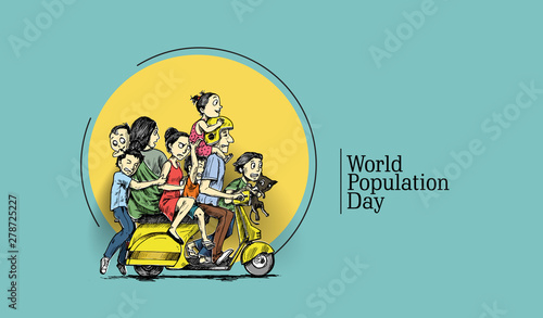 World Population Day, 11 July, Happy with his family sitting on scooter- Hand Drawn Sketch Vector illustration.