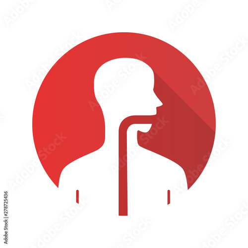 Healthy throat flat design long shadow glyph icon. Oral cavity, pharynx and esophagus in good health. Upper section of alimentary canal. Gastrointestinal tract. Vector silhouette illustration