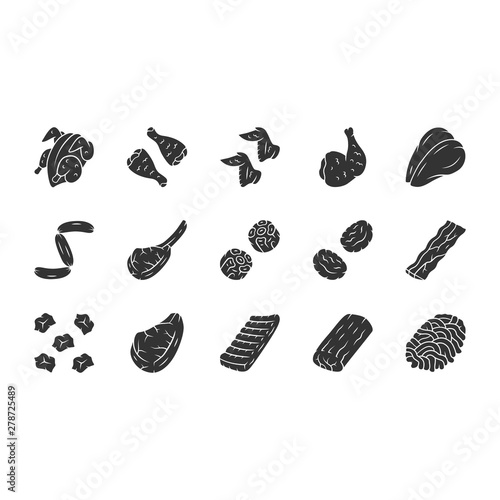 Butchers meat glyph icons set. Chicken drumsticks, breast and ham. Bacon, burger patties, steaks, oxtails. Butchery business. Meat production and sale. Silhouette symbols. Vector isolated illustration