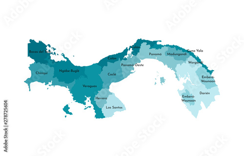 Vector isolated illustration of simplified administrative map of Panama. Borders and names of the provinces (regions). Colorful blue khaki silhouettes photo