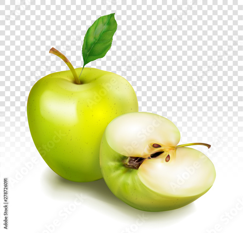 Whole green apple and cut in half. Fruit with leaves. Vector realistic illustration isolated on transparent background.