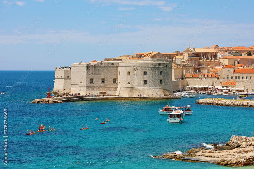 Old port Dubrovnik with medieval fortifications on Adriatic Sea, Croatia, Europe