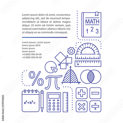Basic mathematics course article page vector template. Algebra, geometry. Brochure design element with linear icons and text boxes. Print design. Concept illustrations with text space