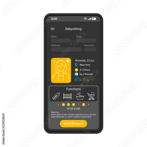 Babysitting app smartphone interface template. Mobile choosing babysitter website design layout. Nanny reservation screen. Childcare service application page UI. Babysitters profiles. Phone display